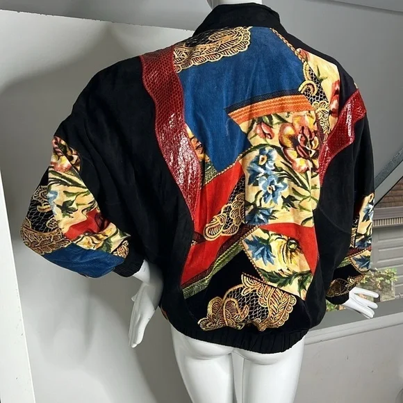 Cache Sz M Vintage Black Suede Snakeskin and Velvet Appliqué Bomber Zip Jacket - Picture 4 of 16